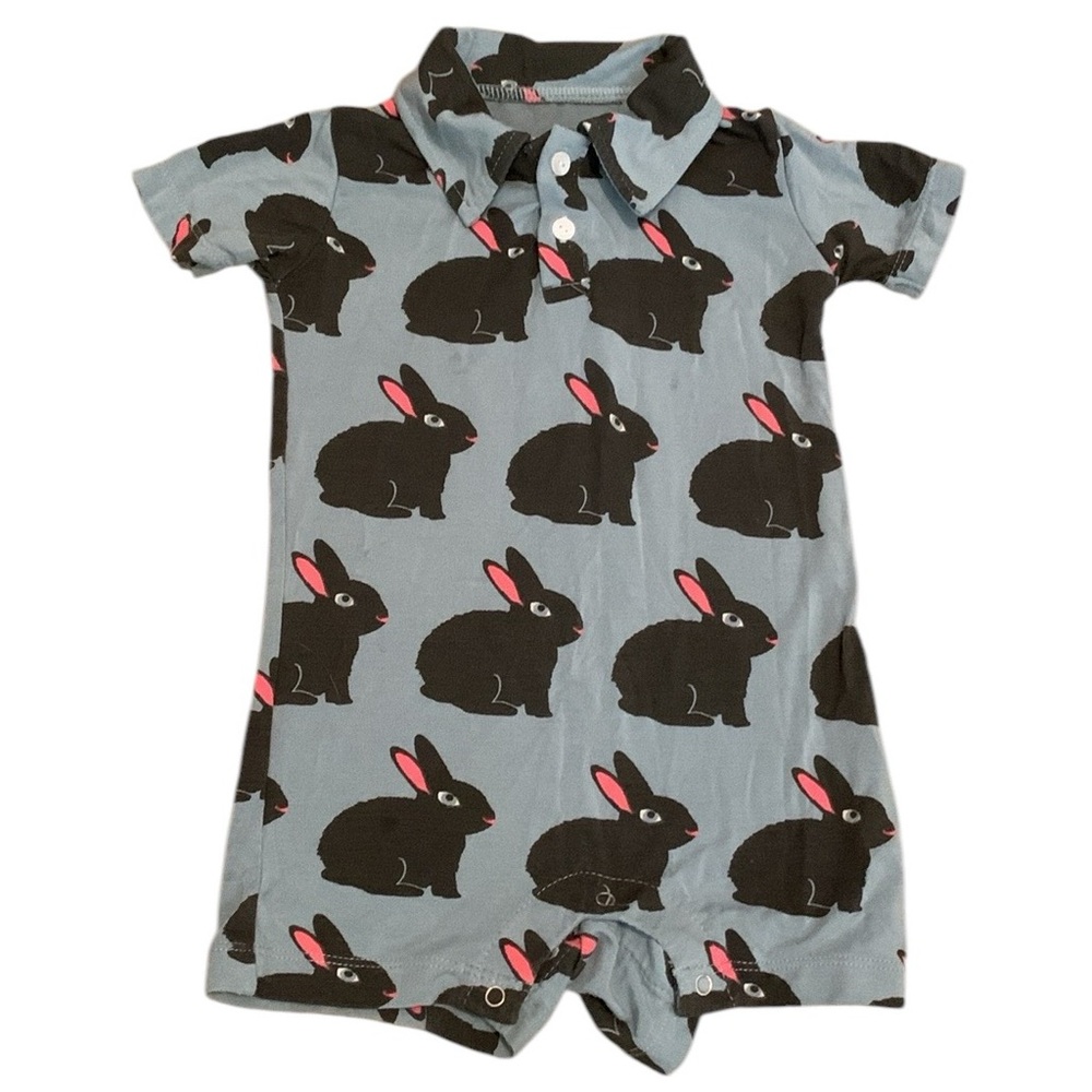 Kickee Pants Blue Bamboo Bunny Romper 3-6 Months Black Soft Buttons Snaps